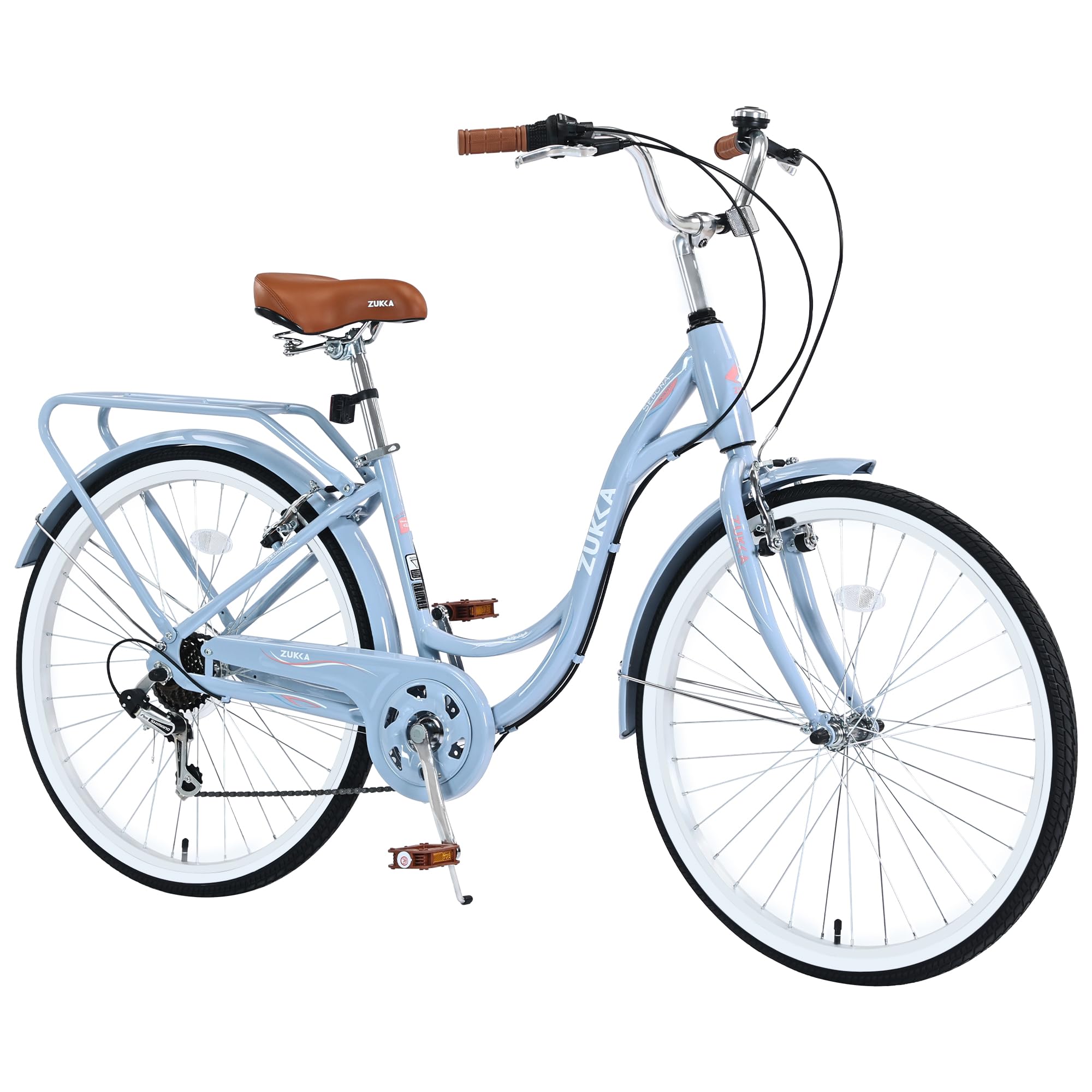 BALINGE 24 Inch Women's Bike Ladys Bike Beach Cruiser Bike for Women，City Hybrid Bike 7 Speeds Bicycle Commuter Bike for Women Men,High-Carbon Steel Frame，Caliper Brake,Light Blue : Sports & Outdoors