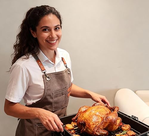 Miniatura 5 de Chef Aprons with Large Pockets for Women Men, Cotton Canvas Cross Back Water Repellent Work Apron with Adjustable Straps for Size M-XXL (Pink+Grey)