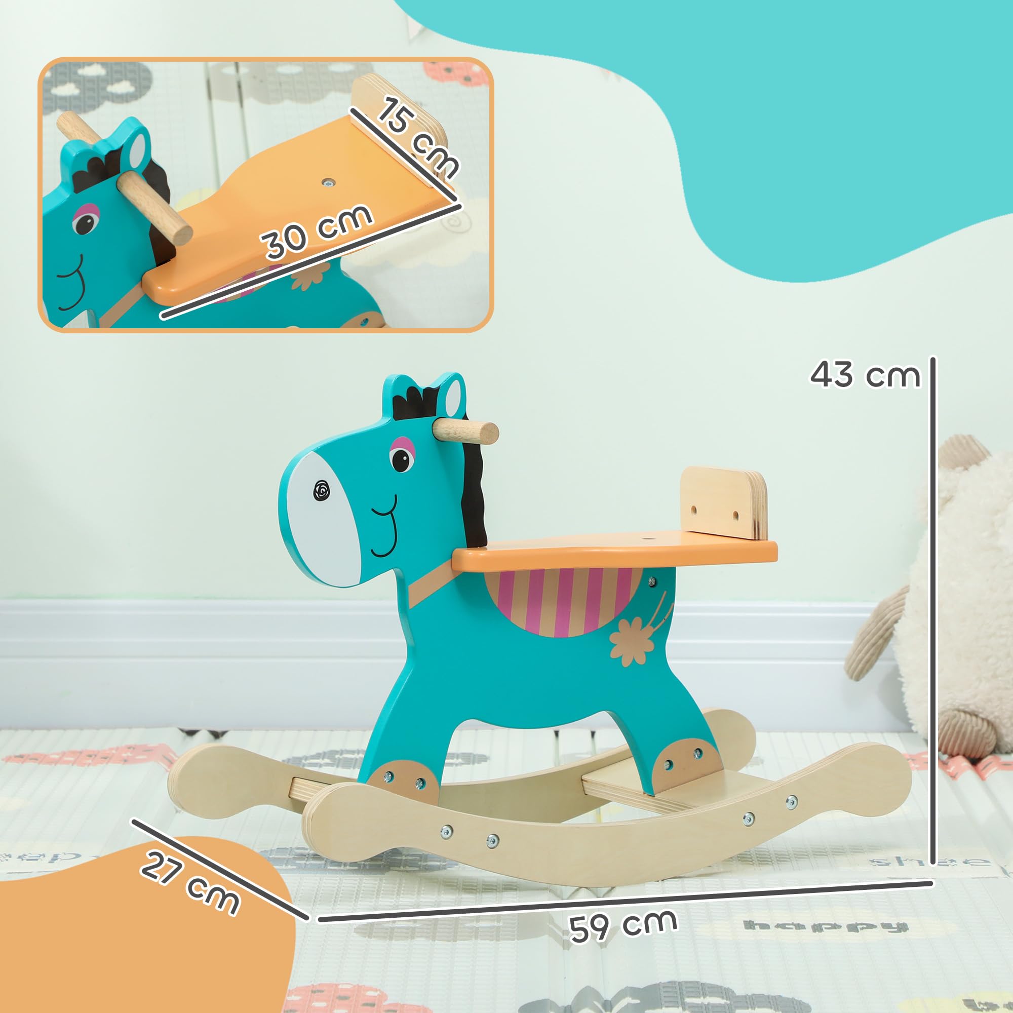 AIYAPLAY Cavallo a Dondolo a Forma di Asino per Bambini 2-5 Anni con Base Larga, Cavallino a Dondolo in Legno compensato, 59x27x43 cm, Verde Scuro e Arancione