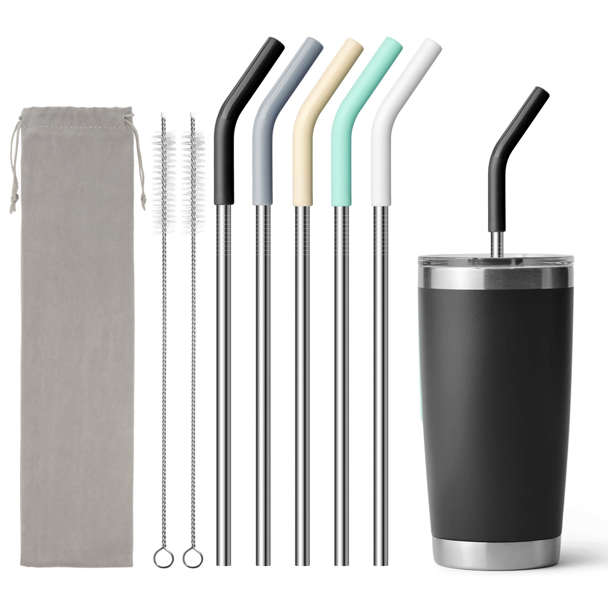 Metal Straws for 20 oz YETI, Stanley Cup, 5 Pcs Stainless Steel Straws with Silicone Tip for Simple Modern CIVAGO, ALBOR, BJPKPK 20 oz Tumbler, Cleaning Brush, 1 Portable Bag