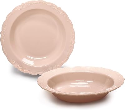 OCCASIONS  40 Pieces Plates Pack, Disposable Vintage Wedding Party Plastic Bowls 12 oz Soup Bowl, Verona in Blush