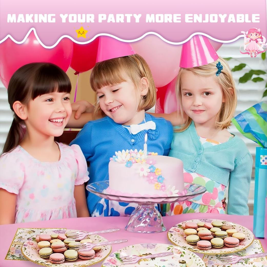 192 Pcs Fairy Party Tableware Set (Serves 48 Guests), Plates, Napkins, Forks, Enchanted Garden Theme for 1st Birthday, Baby Shower, Girls Fairy Party Decorations - Image 6