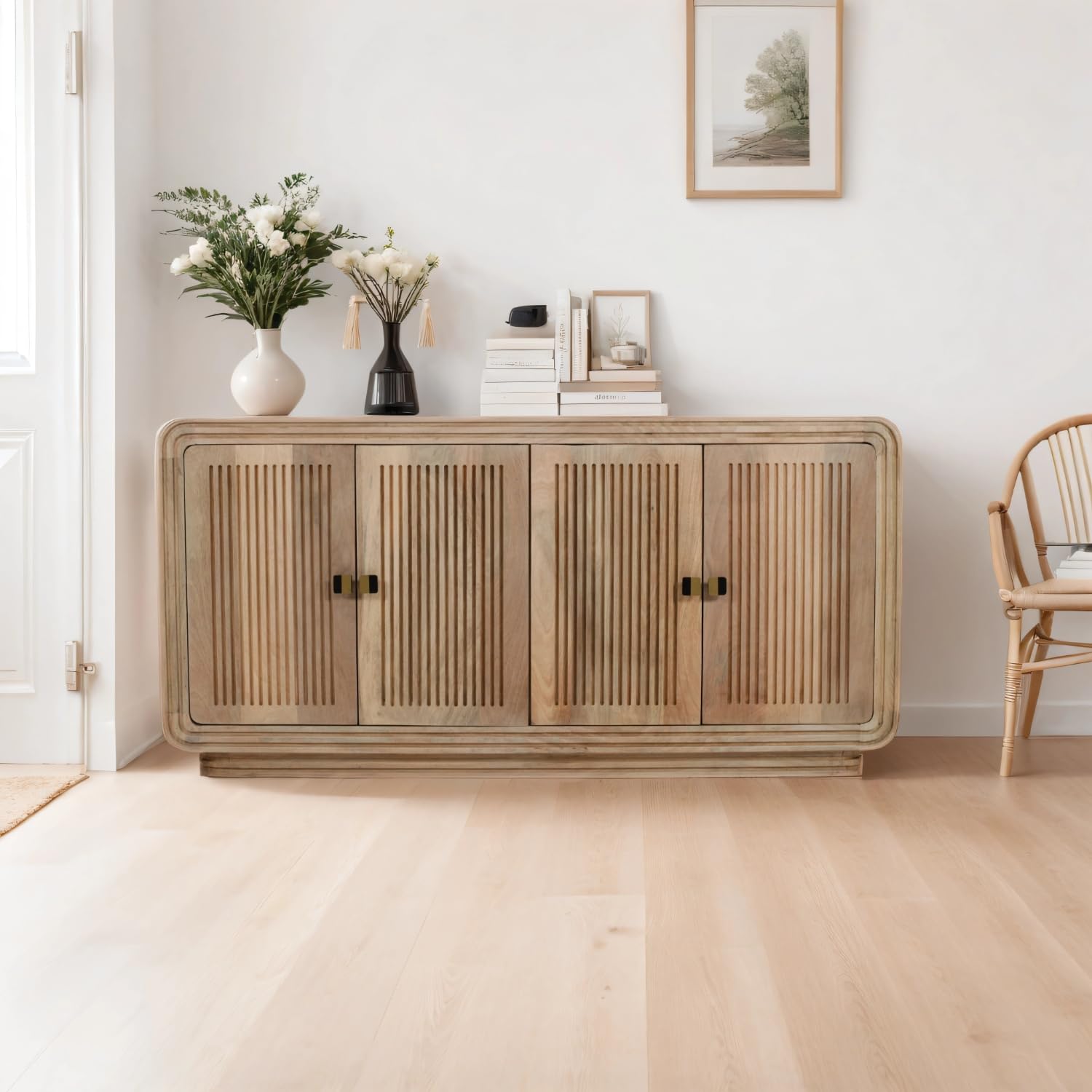 Solid Wood Sideboard Buffet Cabinet with Fluted 4-Door | Rounded Corners, Black Metal Handles, Living Room Storage, Natural Wood Finish, Slatted Door Design-image-10