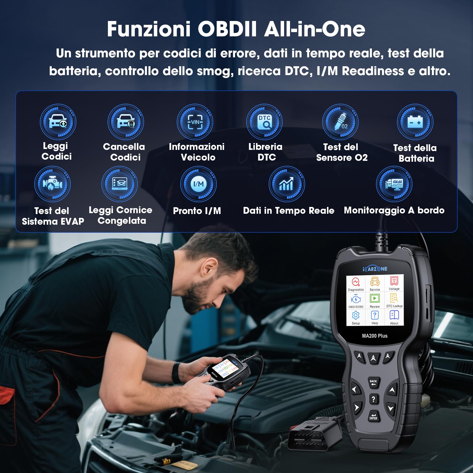MA200 Plus Auto Diagnostica, Diagnosi Auto Professionale in Italiano per Tutti i Sistemi, 6 Funzioni di Ripristino, Reset Olio/EPB/SAS/TPMS/DPF/BMS, Auto VIN, Aggiornamento a Vita