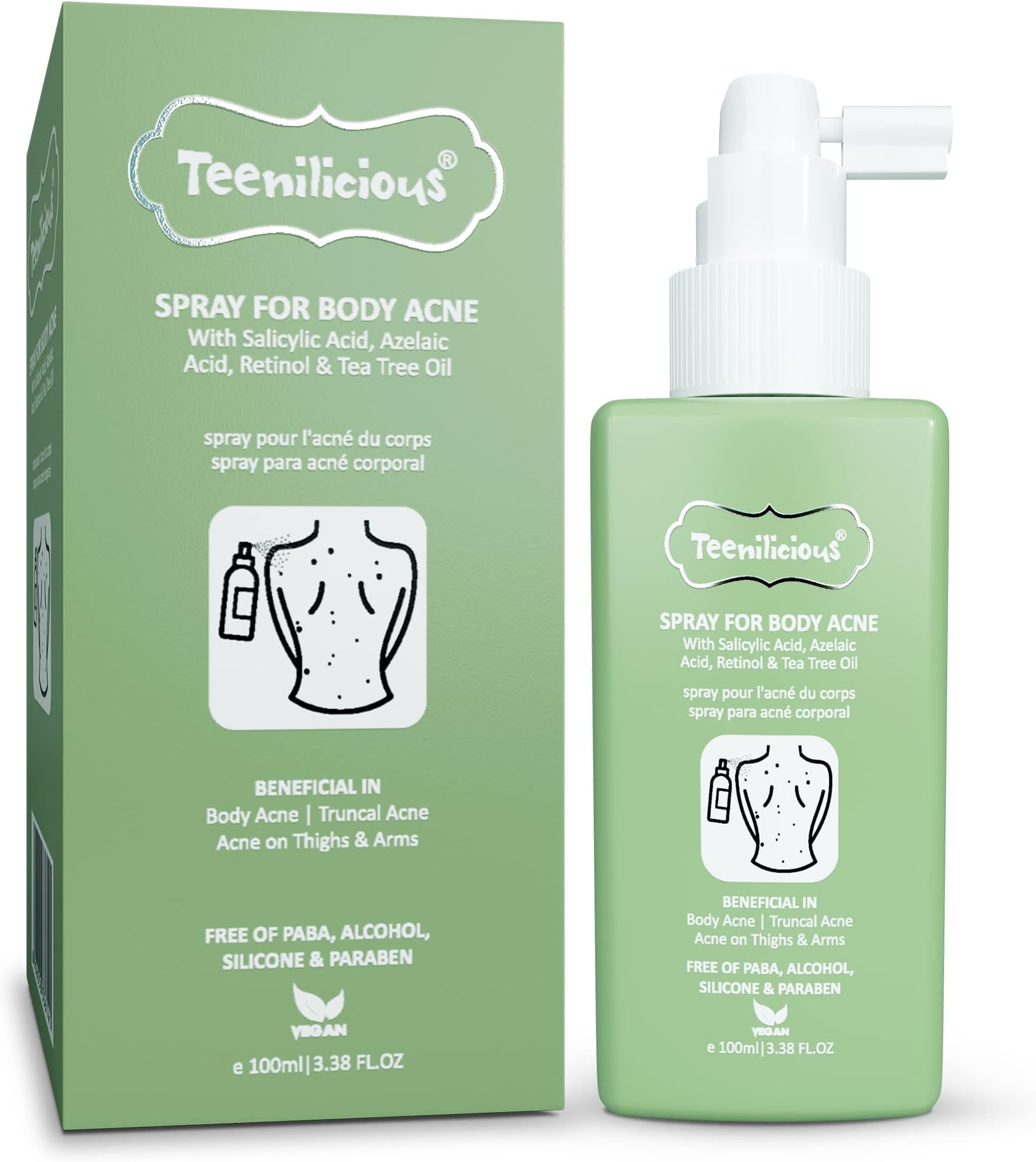 Teenilicious Body Acne Treatment Spray with 2% ww Salicylic Acid | Tea Tree Oil & 1% Retinol | Reduces Acne Breakouts, Acne Scars | Chemical & Paraben Free | All Skin Types for Women & Men - 100ml