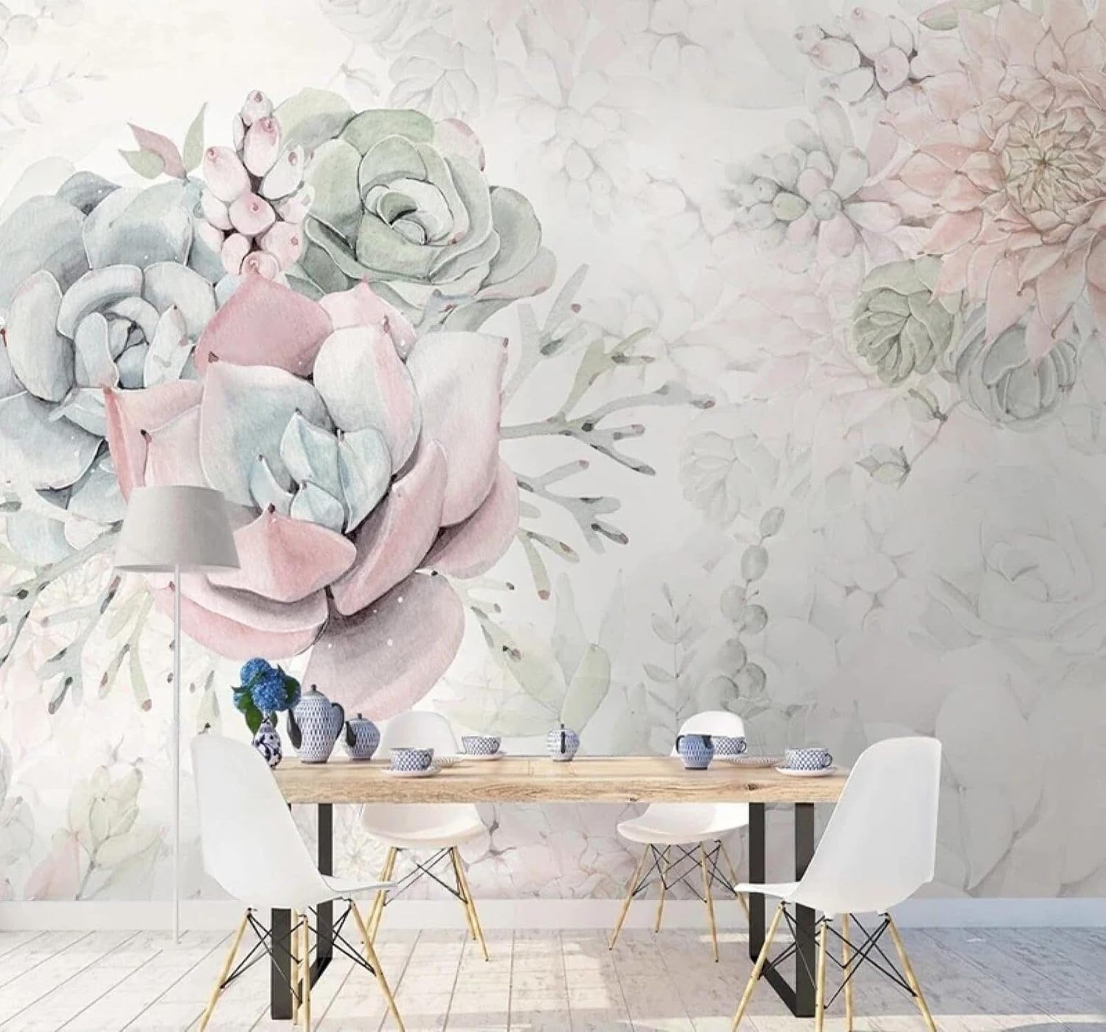 XLMING Vintage Hand Painted Watercolour Succulent Plants 3D Wallpaper Silky Texture Home Study Office Grey Dining Room Sofa Bedroom Living Room TV Backdrop-400cm×280cm