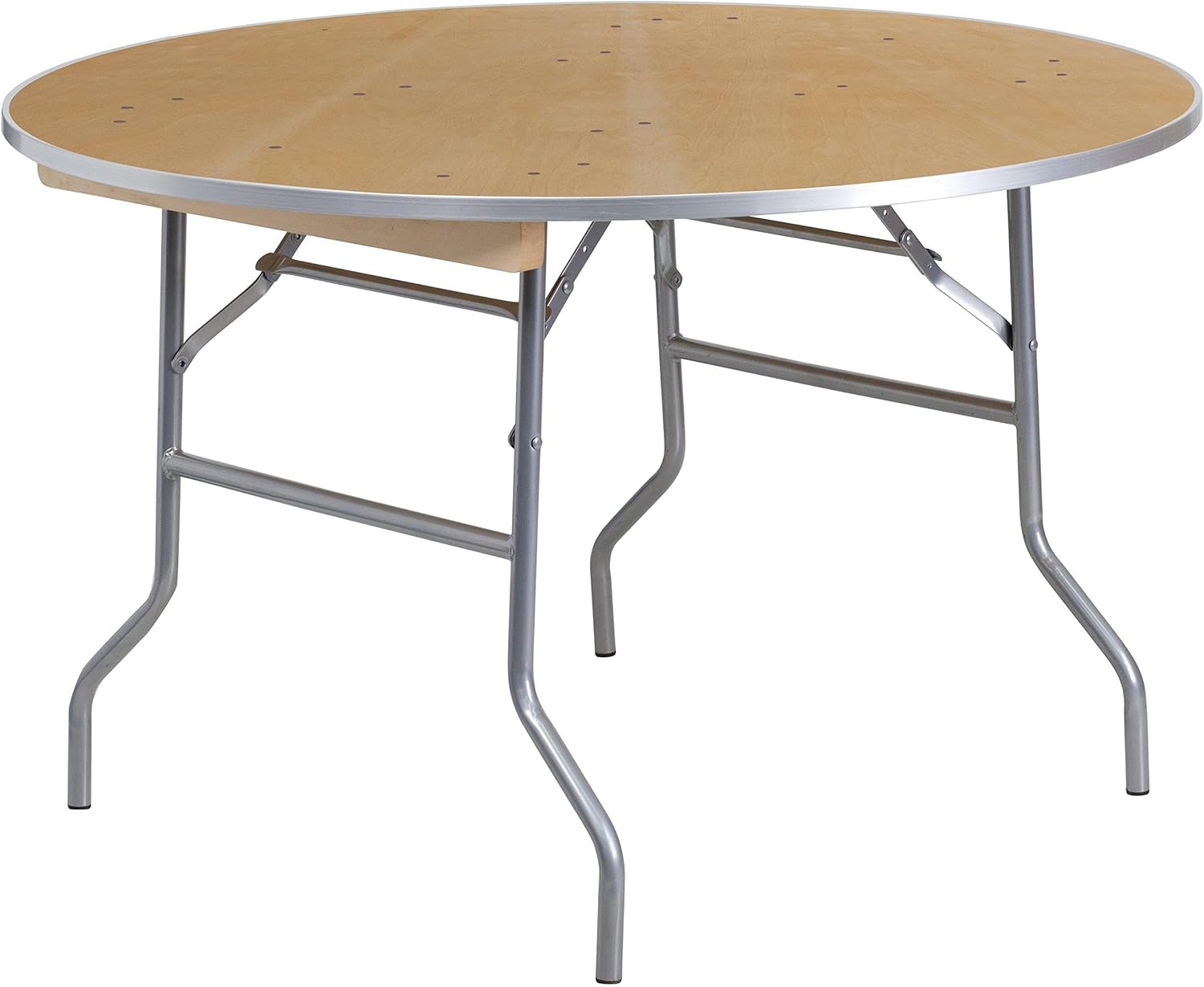 BOWERY HILL Round Birchwood Folding Banquet Table, 48 in Diameter, Silver Aluminum Edge, Heavy Duty Plywood Core, Locking Wishbone Steel Legs, Commercial Grade for Events or Dining