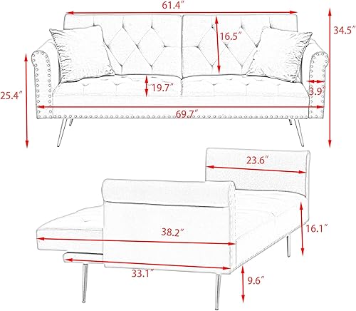 Miniatura 2 de Sofá cama tapizado de terciopelo, sofá cama convertible con dos almohadas para sala de estar, dormitorio, oficina en casa (beige)