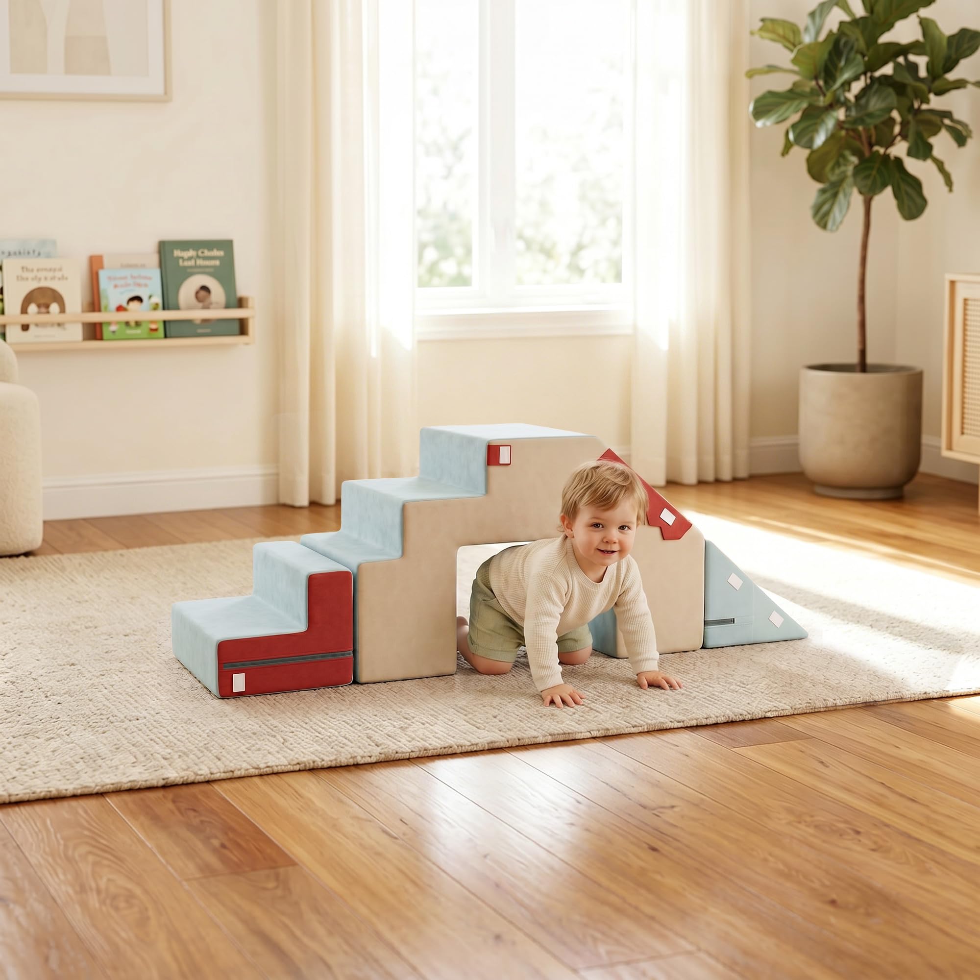 AIYAPLAY Montessori - Set di 2 mattoncini da costruzione in schiuma per bambini, antiscivolo, morbidi, XXL, blocchi da arrampicata, pieghevoli, set da tavolo e sedie con rivestimento rimovibile, per