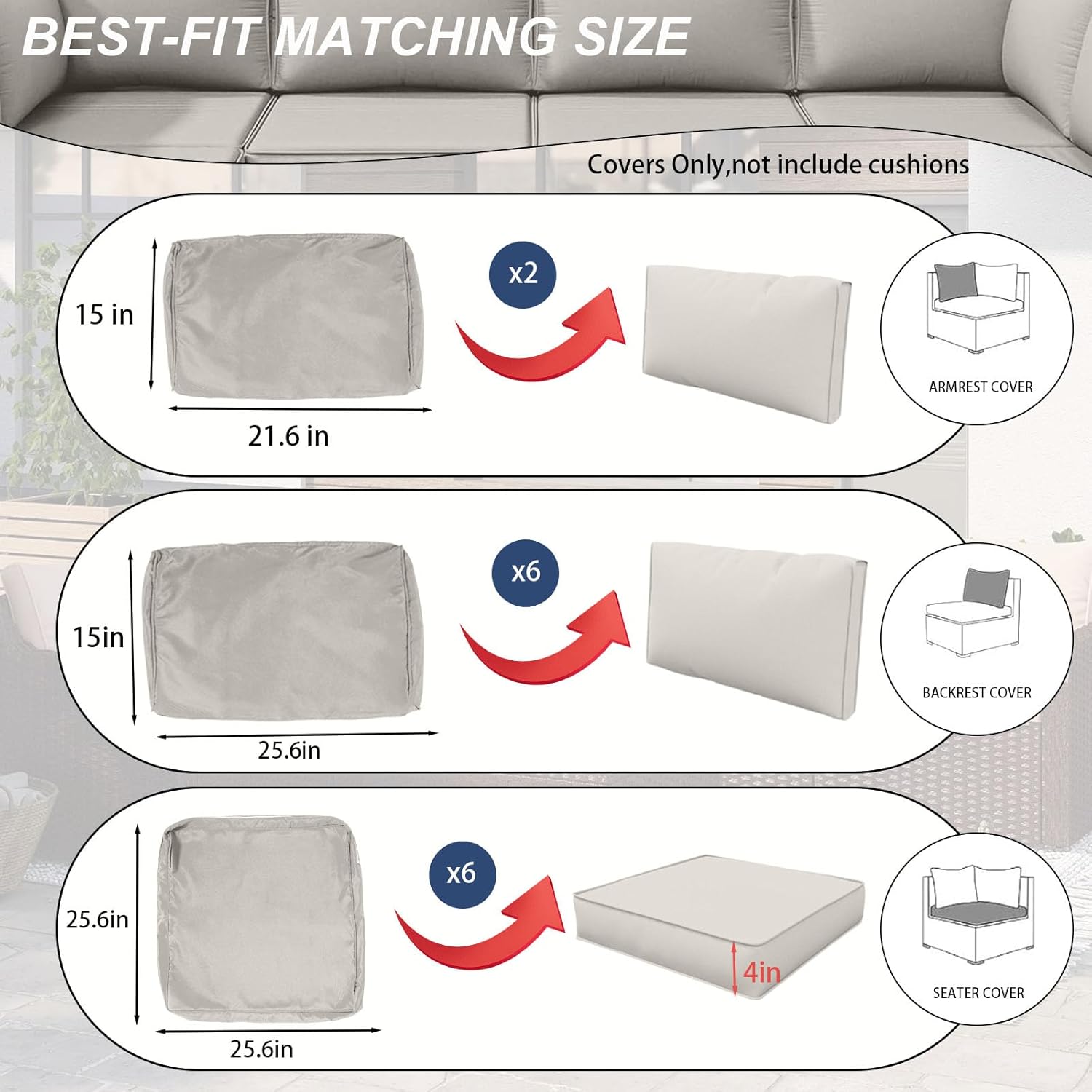 outdoor cushions covers for patio furniture, patio cushion covers replacement with zipper, outdoor cushion covers waterproof & fade resistant,14 pieces (off-white, 25.6x25.6x4inch) off-white 25.6x25.6x4inch