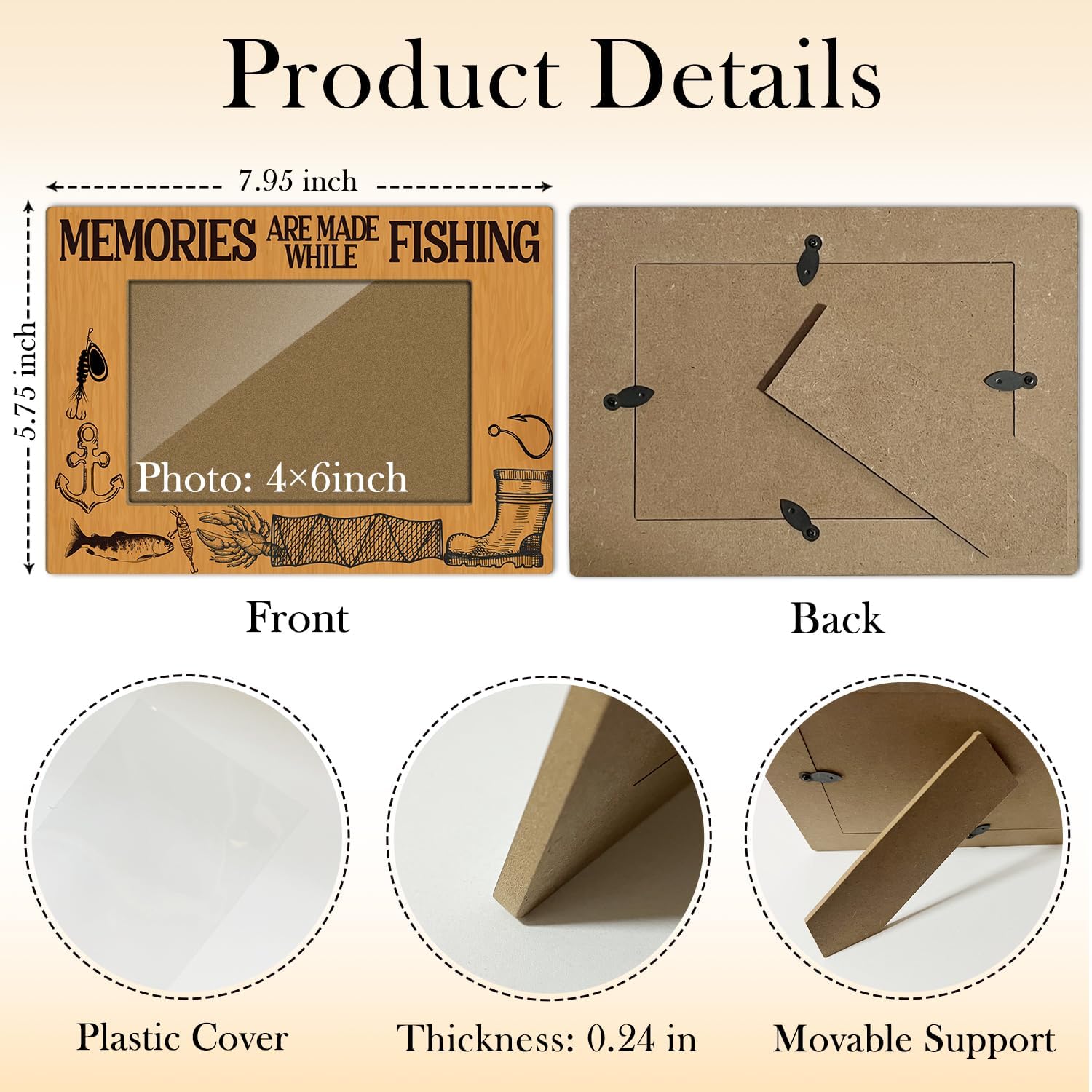 Memories are Made While Fishing Wooden Horizontal Pictures Frames Best Gift for Daddy Grandpa Fishing Lovers Holiday Living Room Office Tabletop Display 4x6 Inches Photo Frame with Stand - FS641 image 2