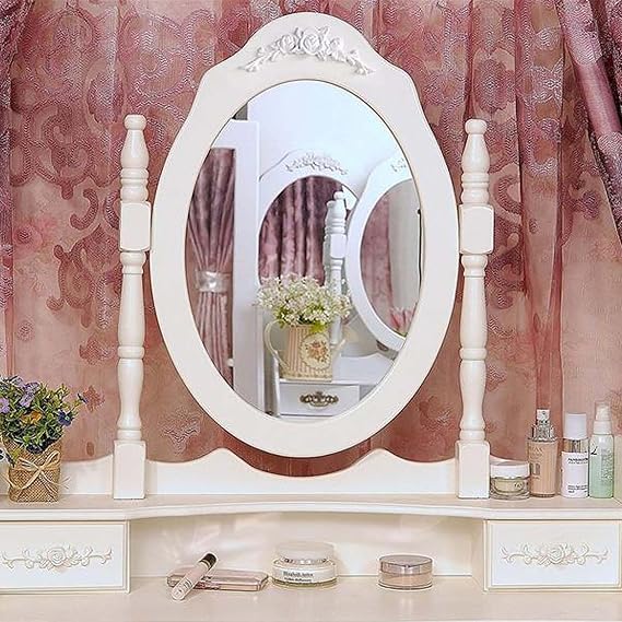 Makeup Vanity for Girls, Vintage Makeup Vanity Desk Wooden Dresser with Mirror and 4 Drawers Small Dressing Table with Padded Stool