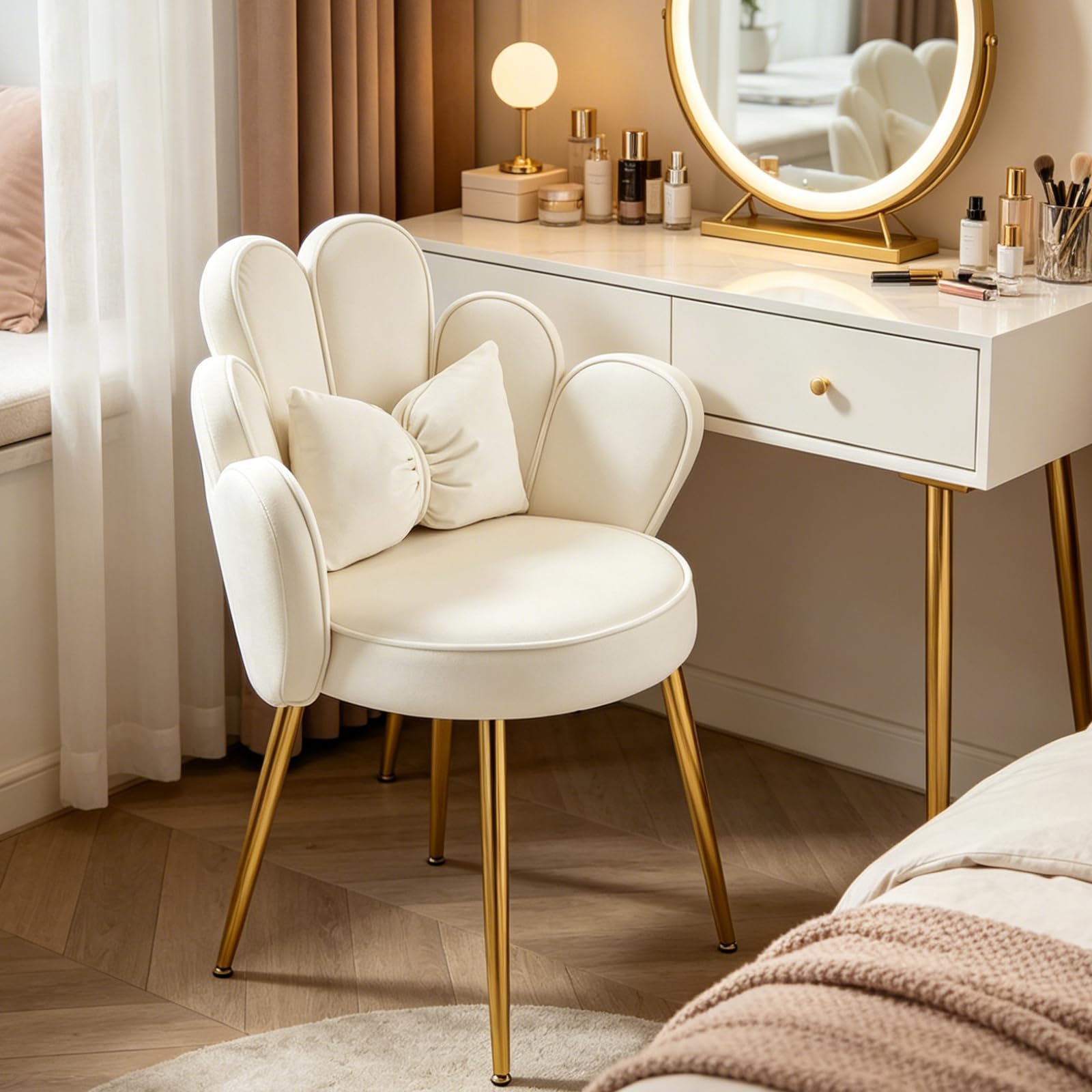 LEADZM Sillón con respaldo pétalo silla de tocador sillón relax, Blanco | de salón dormitorio, sillón de cocina y comedor con patas de oro