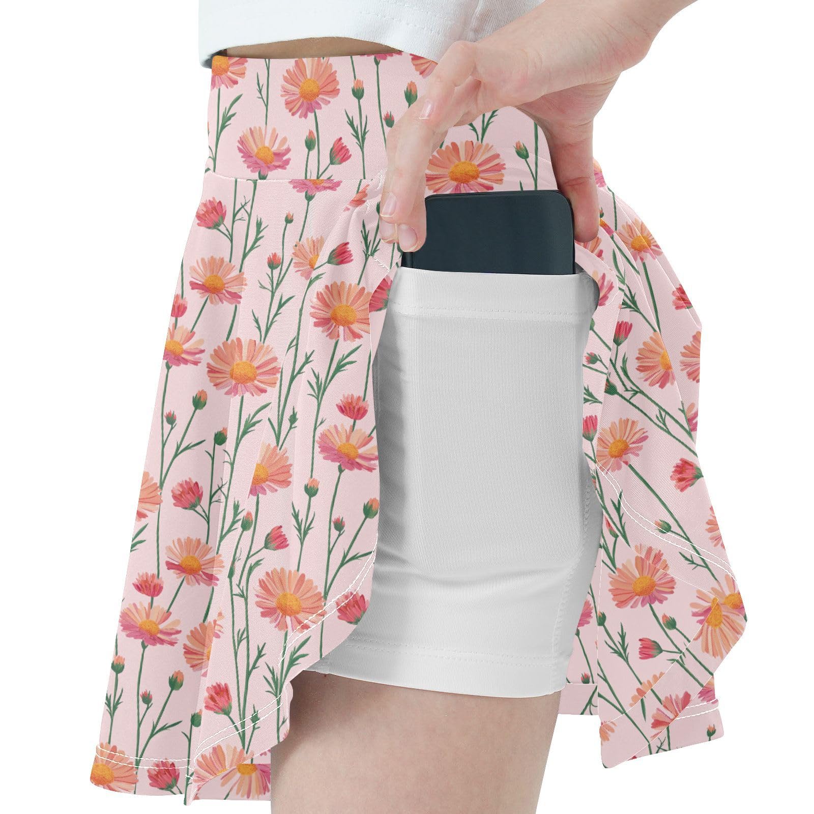 Cute Florals Girls Tennis Skirts with Built-in Shorts Flowy Skorts for Little Girl Kids Cheer Skirt with Pockets 4-12Y