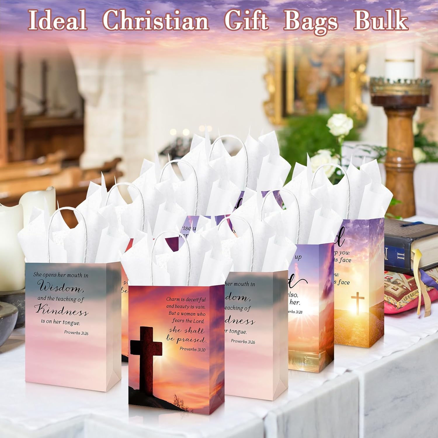 Moinchore Christian Mothers Day Gifts Bags Bulk with Tissue Religious Bible Verse Church Baptism Paper Gifts Bags for Women Mom with Handle for Easter Church Welcome Visitors, 4 Styles(100 Sets)