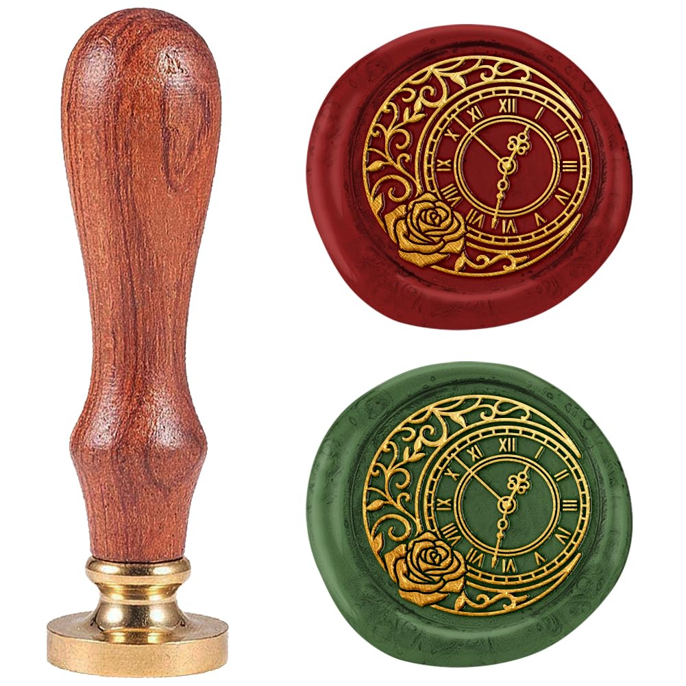 DELORIGIN Moon Clock 1" Wax Seal Stamp Retro Sealing Stamps Removable Brass Head Seal Stamp with Wooden Handle Sealing Wax for Envelope Greeting Card Letter Wedding Invitations Gift Wrapping Decor