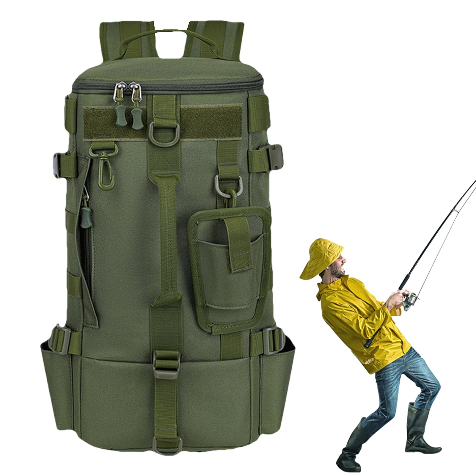 Zaino per attrezzatura da pesca, borsa da pesca all'aperto con porta canna | borsa da viaggio, stoccaggio, grande spazio per campeggio ed escursionismo, Verde militare, Refer to description, Unisex
