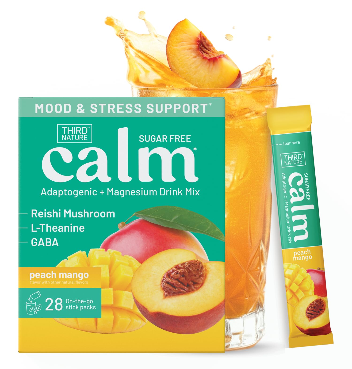 Third Nature Calm Powdered Drink Mix for Stress Support, Relaxation, Healthy Cortisol & Focus - No Sugar, Non-GMO On-The-Go Calming Drink with Magnesium Glycinate, GABA, Peach Mango, 28 Stick Packs 28 sticks