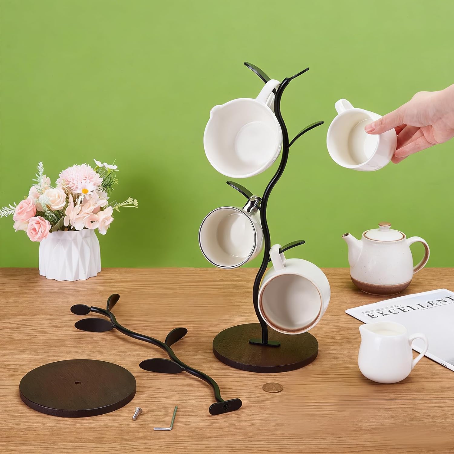 2Pcs Mug Holder Stand, Iron Countertop Mug Tree 5 HooksTree Rack for Counter Cafe Accessories Breakroom Decor & Kitchen Organizer Storage Stand (Black)