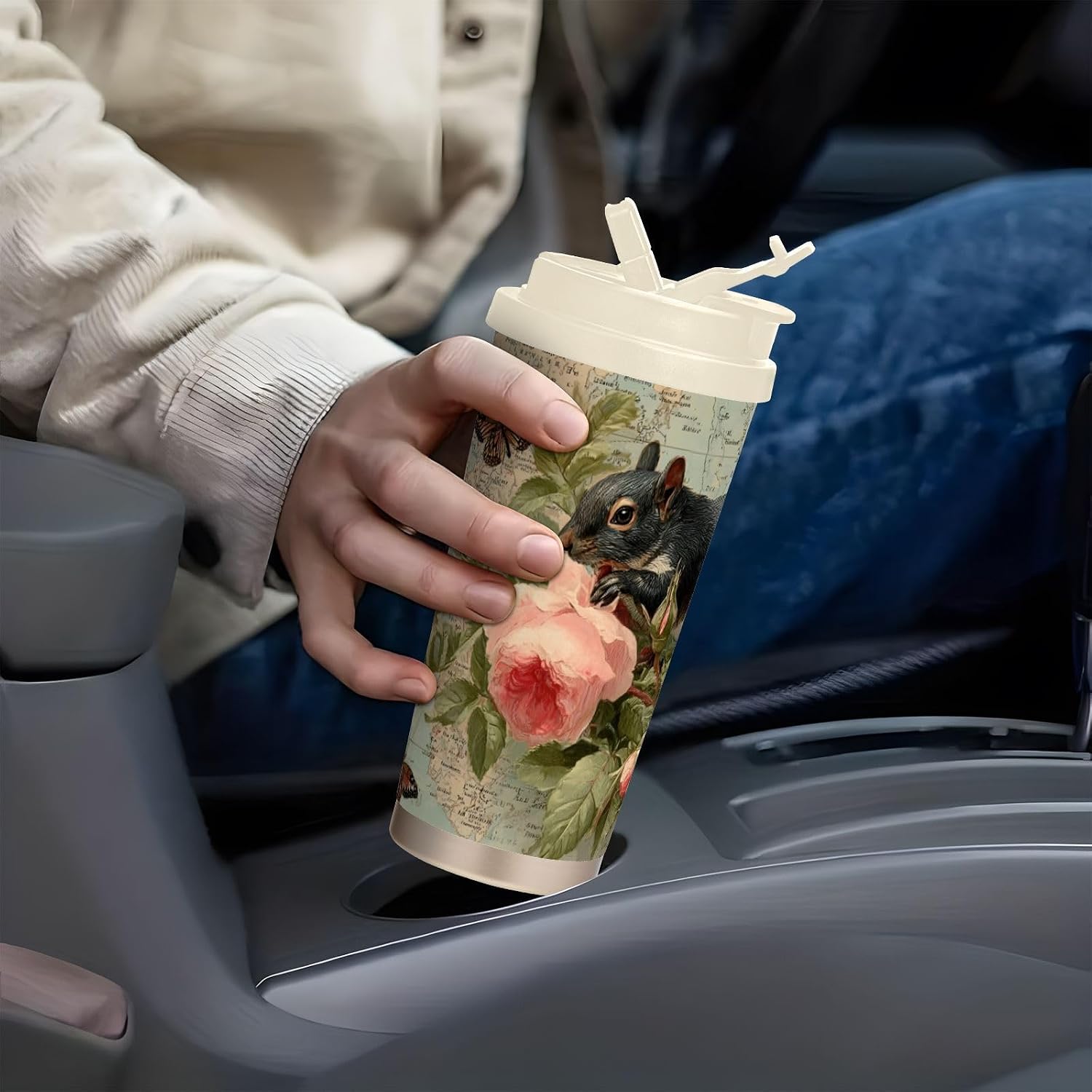 Insulated Coffee Mug Squirrel Florals Map with Straw & Flip Lid, 16.9oz Iced Tumbler Cup, Double Wall Vacuum Mug for Travel Office Camping