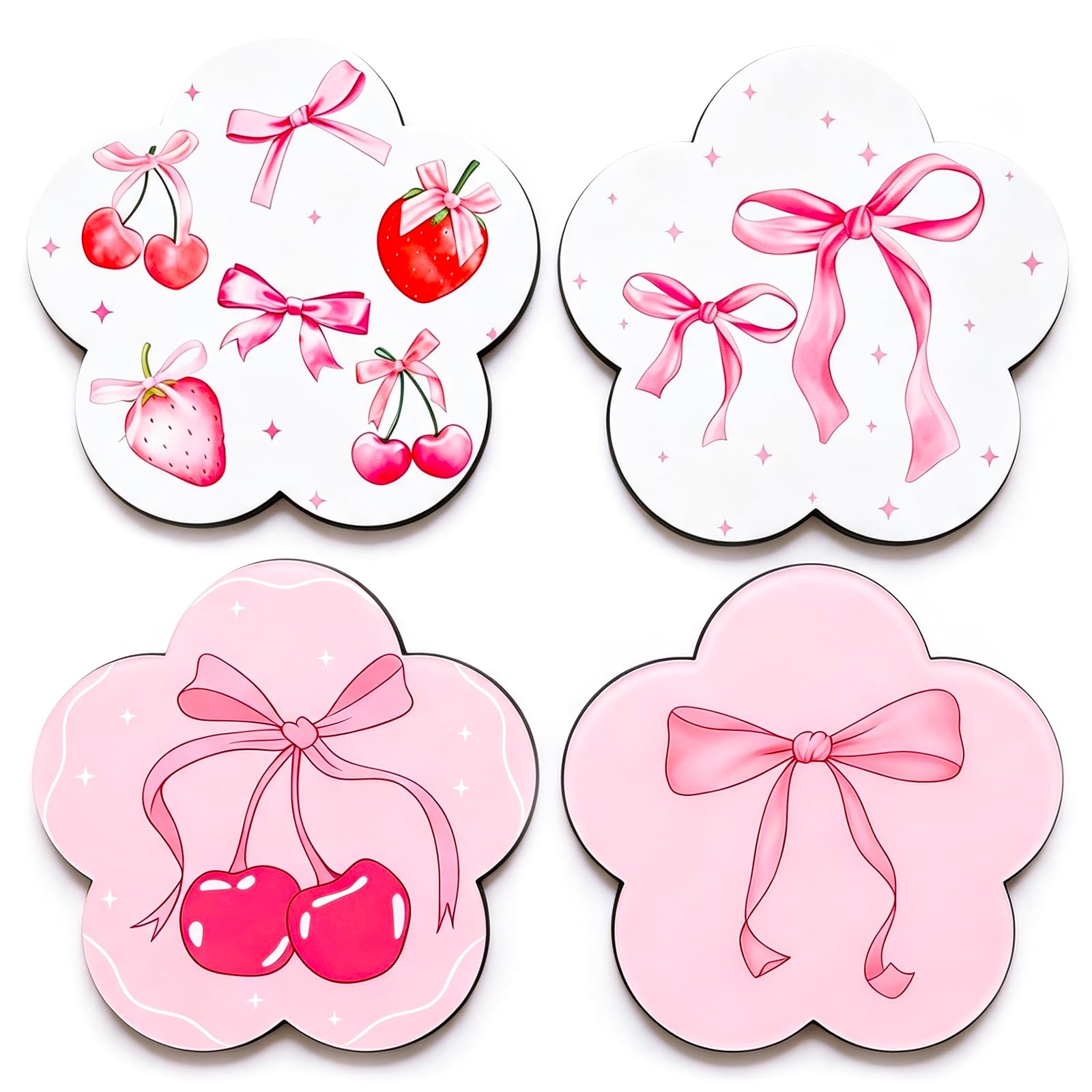 4Pcs Bow Cherry Cup Coasters, Scalloped Edge Wooden Coaster, Coquette Pink Coaster for Girls, Creative Drink Coaster for Mug & Glass, Girly Home Accessories for Table and Kitchen Decor