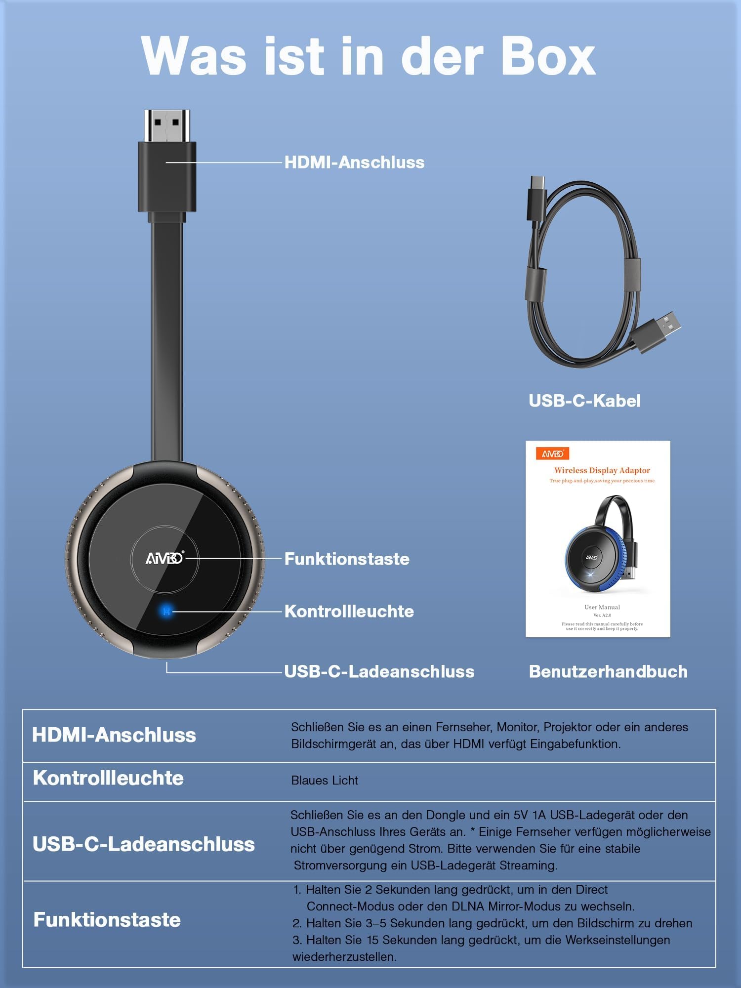 AIMIBO Dongle 4K Wireless Display Dongle – Auténtico Plug & Play, 2,4G y 5G HDMI Wireless Dongle para i*OS/Android/Windows/Mac OS Phone Laptop a TV/Monitor/Proyector, compatible con Airplay DLNA