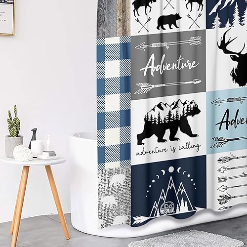 Miniatura 3 de Pamnest Juego de 4 cortinas de ducha, diseño de oso y alce, a cuadros, impermeables, con alfombras antideslizantes, tapa de inodoro y tapete de