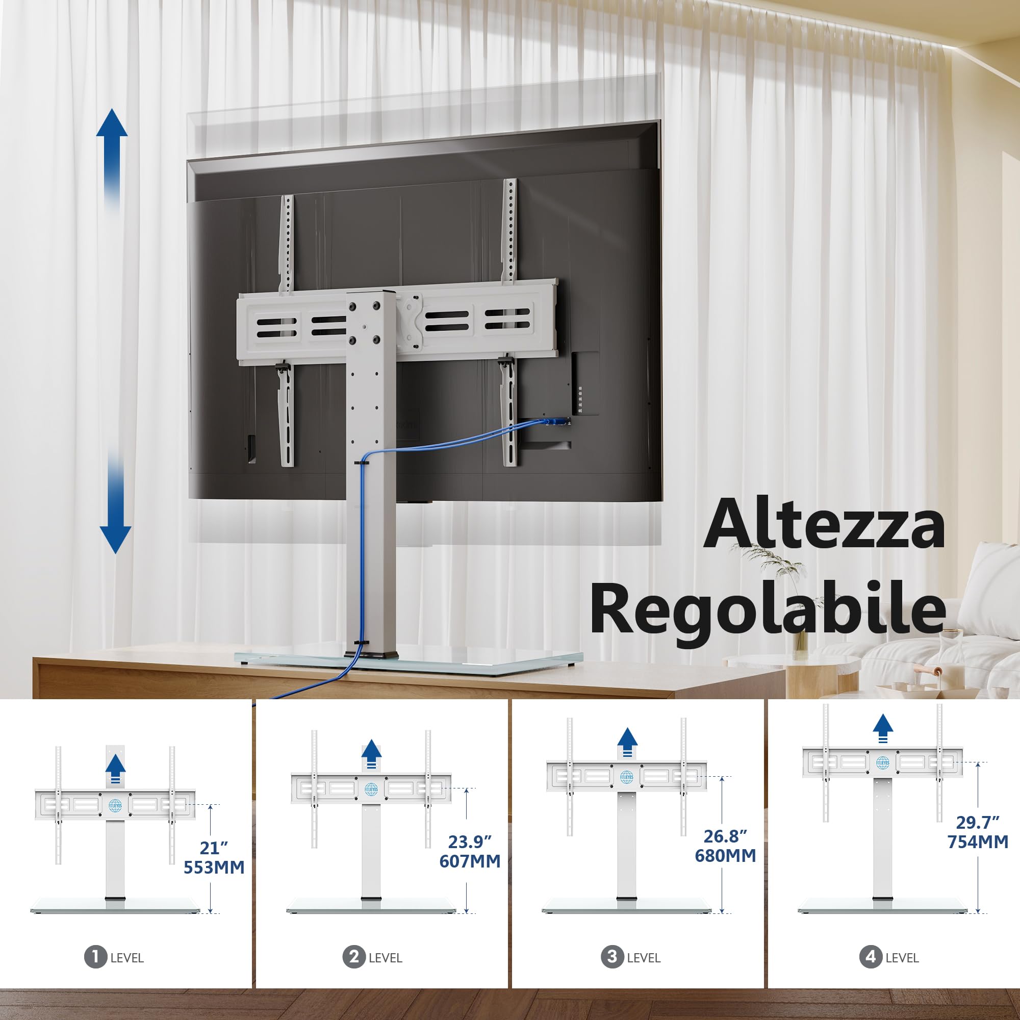 FITUEYES Supporto TV da tavolo da 50-85 pollici, stabile piedistallo per TV con regolazione in altezza, girevole a 80° e base in vetro temperato, supporta 65 kg, VESA max 800 x 600 mm, bianco (Bianco)