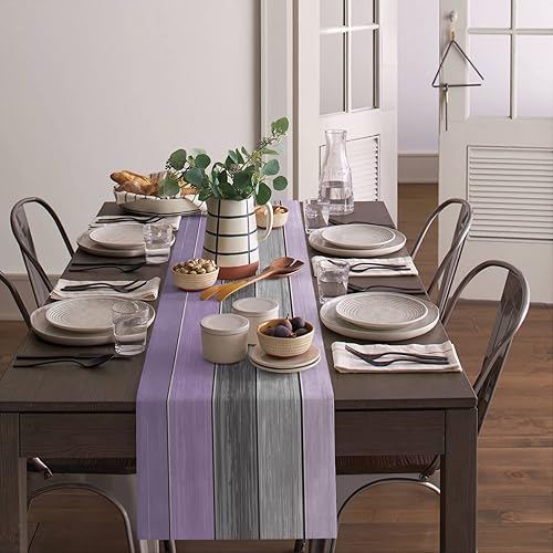 Miniatura 296 de Camino de mesa de algodón y lino estilo granja rústico retro, textura de madera de granero, color degradado marrón y gris, antideslizante,