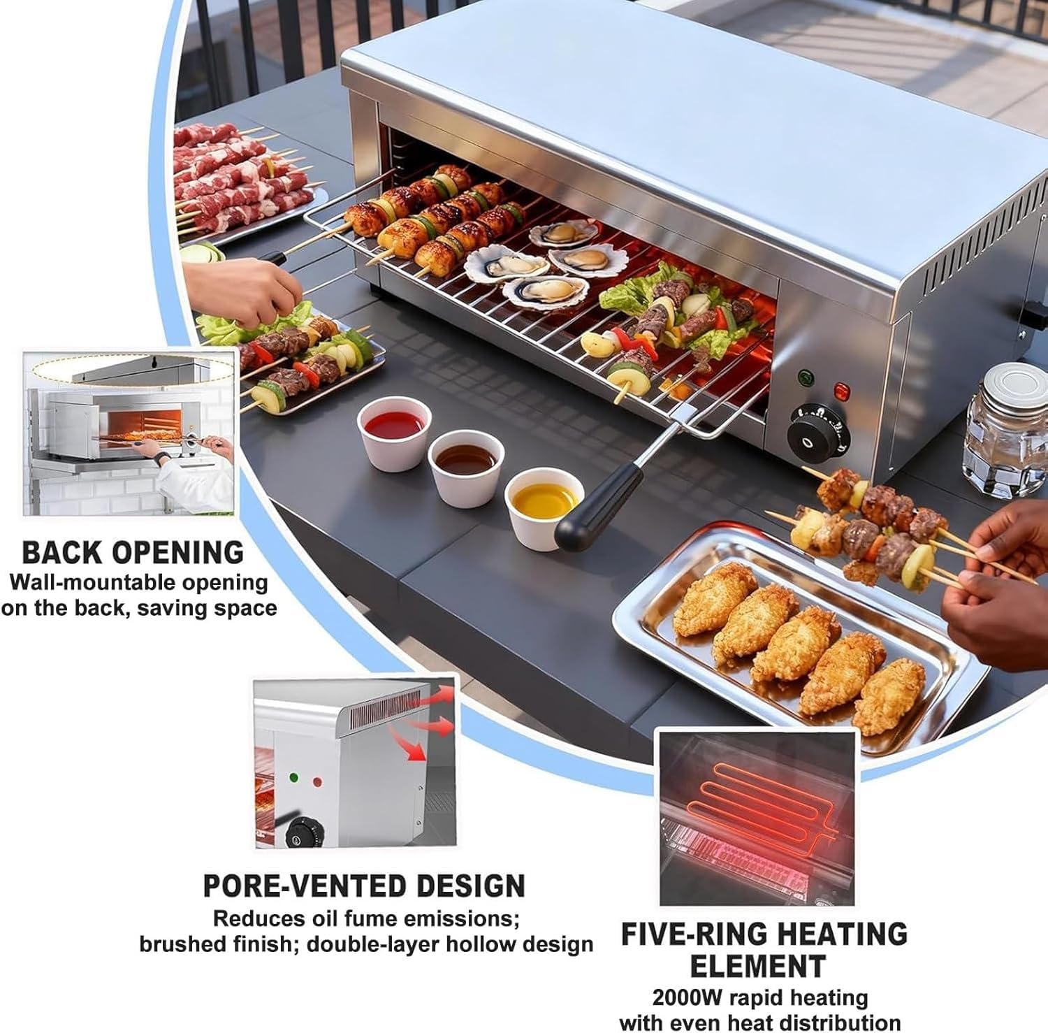 Parrilla eléctrica Comercial Tipo salamandra, asador de Barbacoa y fundidor de Queso, 2 Parrillas Desmontables, Acero Inoxidable, Montaje sobre encimera o Pared, Ideal para