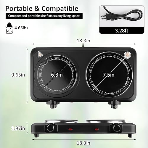 Miniatura 3 de Estufa eléctrica portátil, estufa eléctrica de doble quemador de 2000 W, quemadores infrarrojos para cocinar, quemadores dobles con placa de vidrio