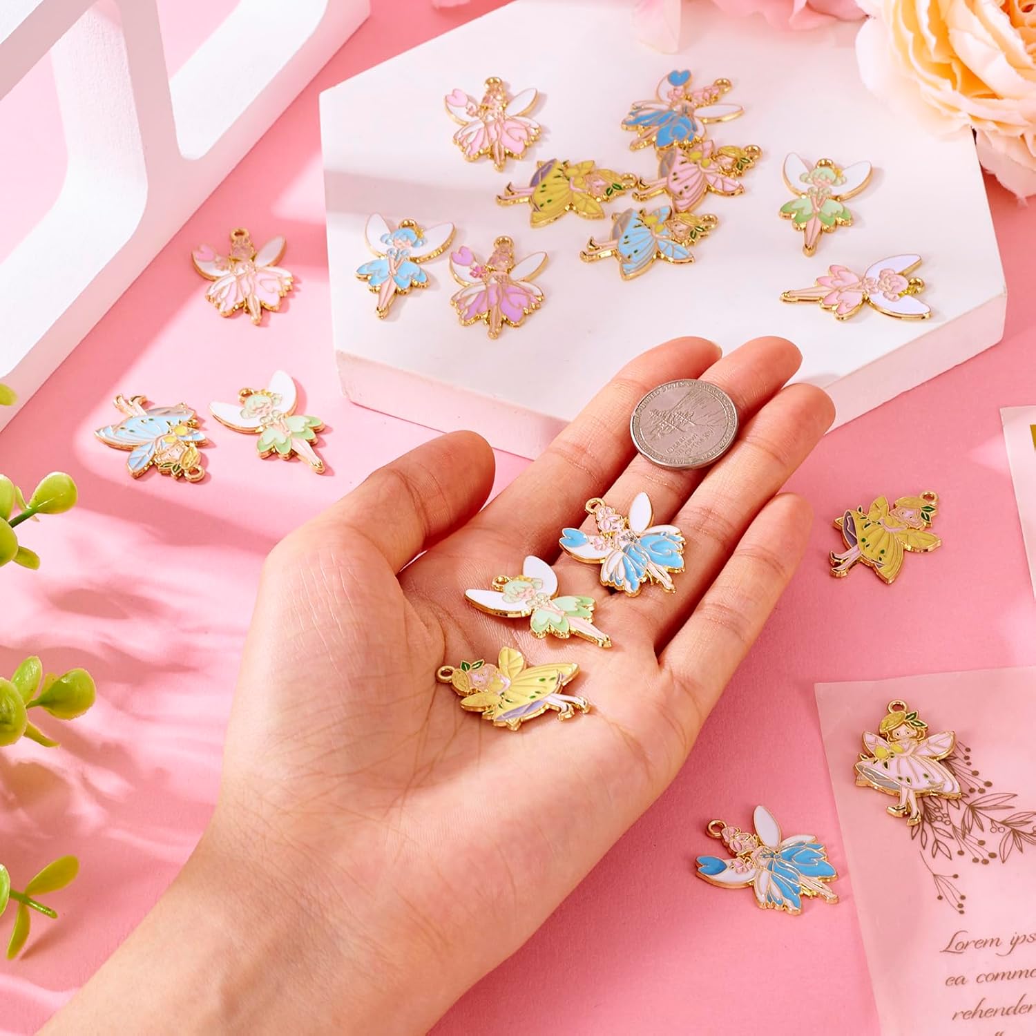 36Pcs Enamel Charms for Jewelry Making Cute Angel Fairy Enamel Charms 9 Styles Beautiful Light Gold Plating Flower Fairy Charm for DIY Necklace Bracelet Earrings Keychain - Image 4