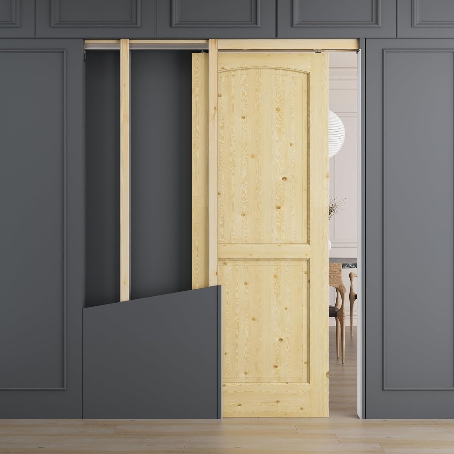 30" x 80" 2 Panel Arch Top All-Inclusive Soft Close & Solid Core Sliding Pocket Door, Pine Wood Door with Frame & Hardware Kit, Pocket Interior Doors for Home, Unfinished