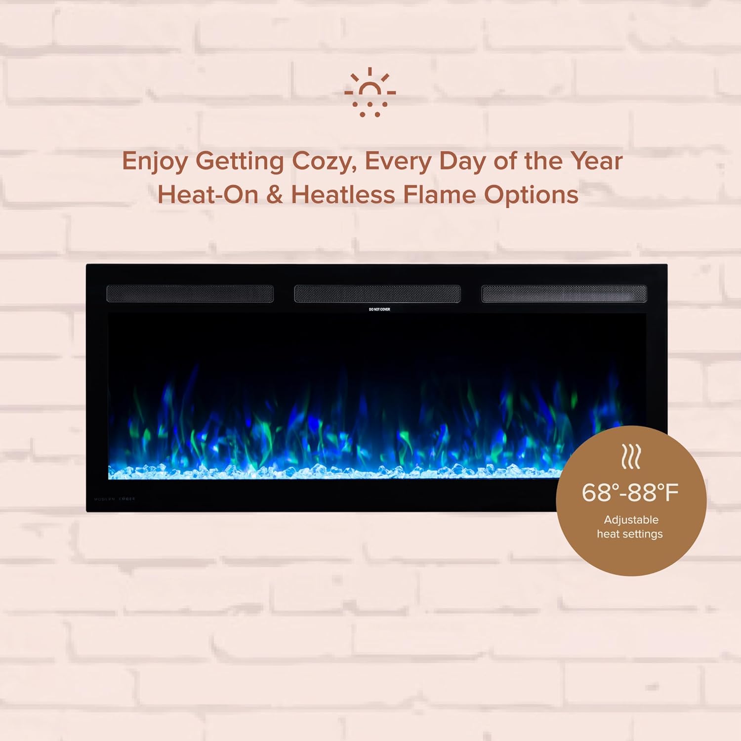Modern Ember Vibrance 42 Inch Smart Linear Electric Fireplace Insert - Recessed or Wall-Mount, LED Multi-Flame Colors, Alexa/WiFi Enabled - Remote Included - Crystals