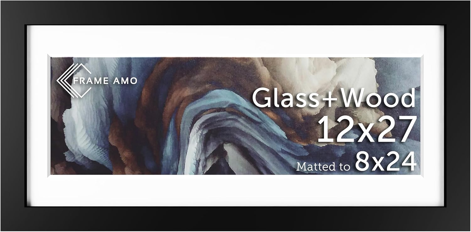 Frame Amo 12x27 Black Solid Wood Poster Frame, White Mat for 8x24 Image, Tempered Glass Front, 1.5 inch Wide, 1 inch Thick, High-End, Heavy-Duty, Gallery Grade & Acid-Free