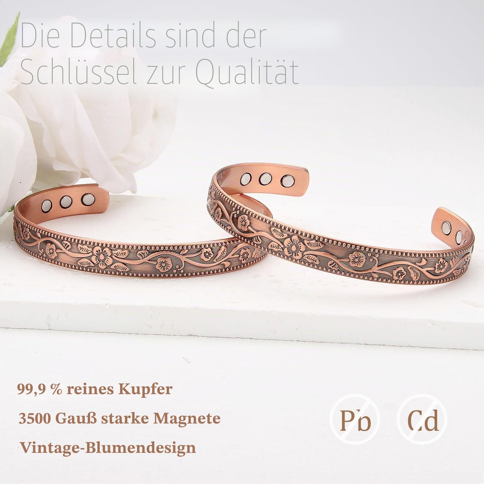 MagEnergy Kupfer-Armbänder für Damen, 99,9 % reines Kupfer, Vintage-Blume, magnetischer Armreif mit 3500 Gauß-Magneten, verstellbare Manschette, Schmuckgeschenk