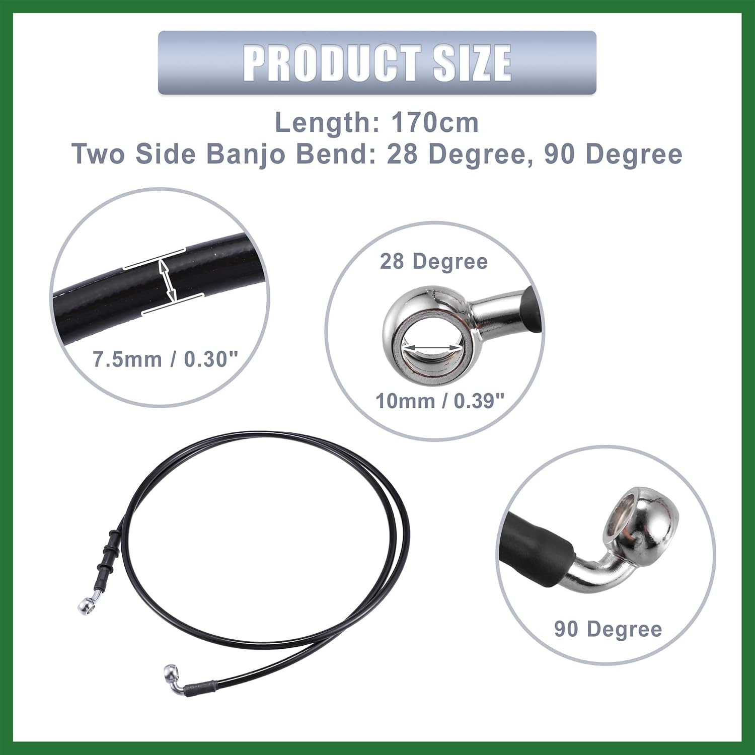 Motoforti 170cm AN3 M10 Car Hydraulic Brake Line Oil Hose Pipe Fitting 28° 90° Stainless Steel for Car Motorcycle Dirt Racing Bike Black Long-lasting