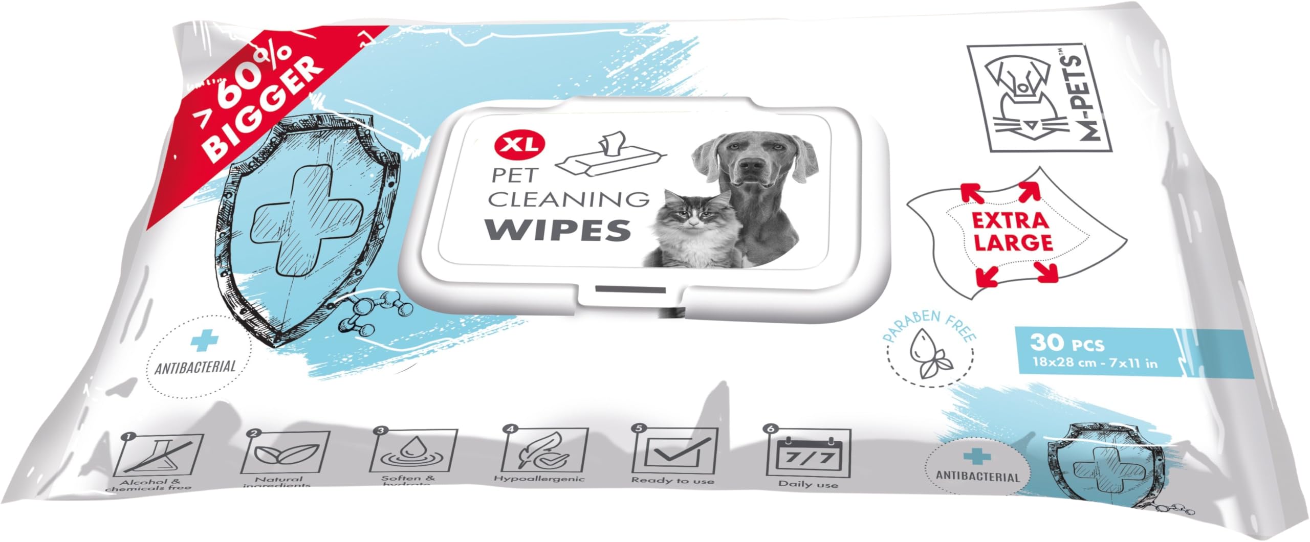 M-PETS Antibacterial Pet Cleaning Wipes, 100% Natural, Biodegradable Hypoallergenic Wipes, Gently Cleans & Softens, Removes Dirt & Odour, Soothes Itching, Irritation, X-Large, 30pcs (Pack of 1)