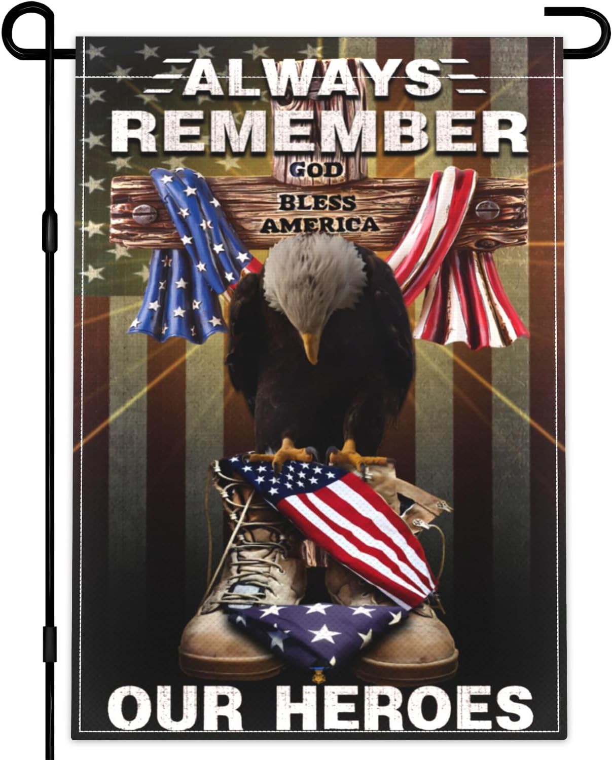 Memorial Day Garden Flag 12x18 Inch Always Remember Our Heroes Garden Flag 4th of July Independence Day Veterans Day Flag 3ply Polyester Double Sided for Outdoor House Yard Patriotic Holiday Decor