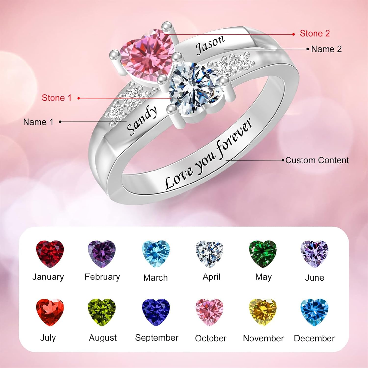 LucySky 925 Sterling Silver Personalized Mothers Ring with 2 Birthstones Custom Promise Rings for Women Mother's Day Birthday Christmas Gifts for Mom Grandma Wife