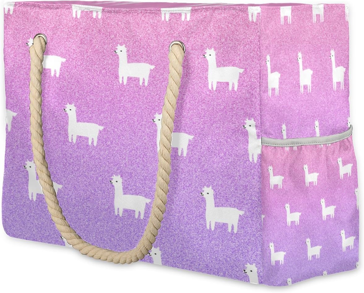 Alpaca Coloured Beach Bag for Women Waterproof Sandproof Tote with Zipper Cotton Rope Handles for Travel Pool Gym Shopping
