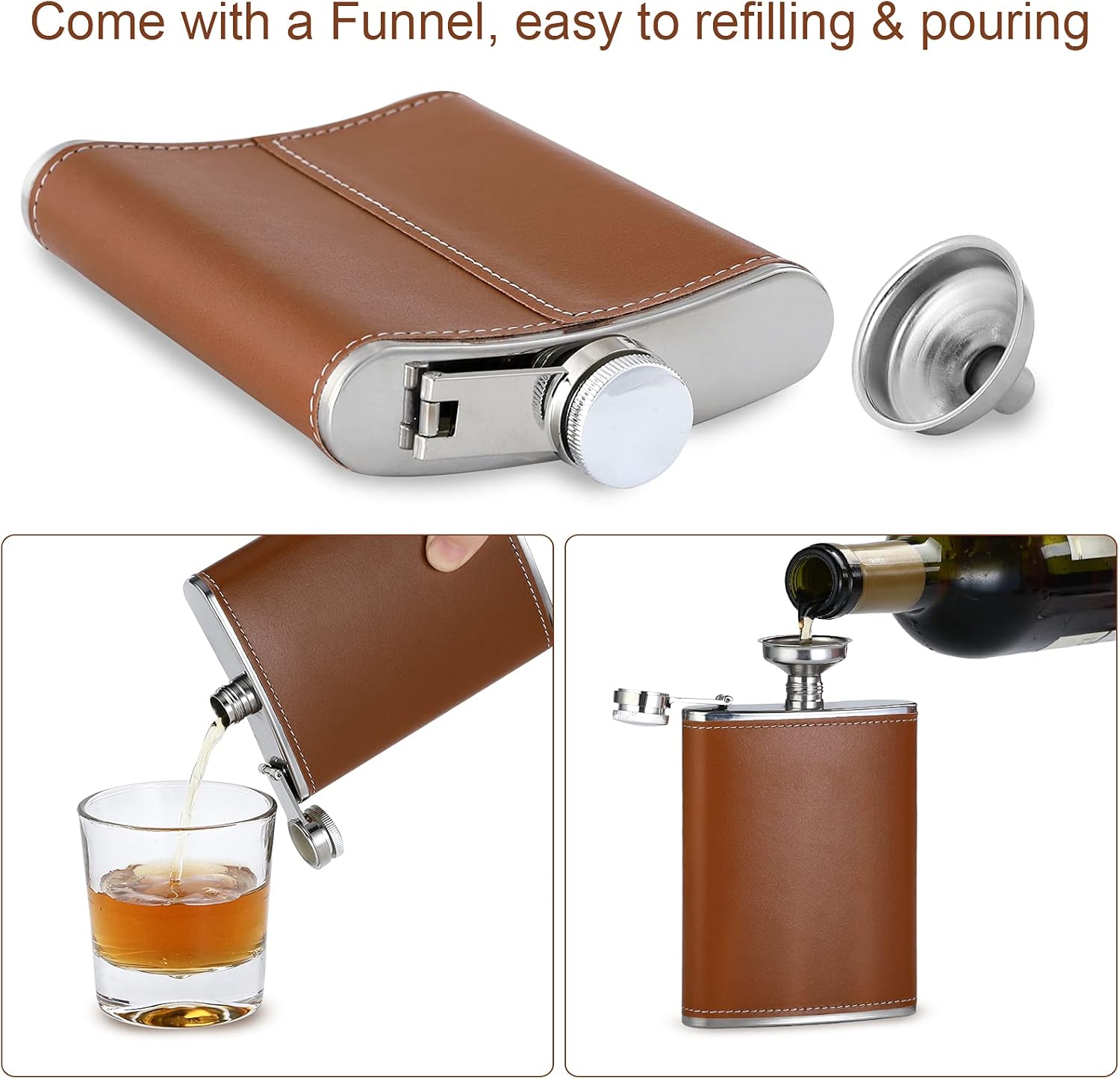Leather Hip Flask Stainless Steel with Funnel for Gift, Camping, Wedding Party, 8 Oz, Set of 8 - Image 3