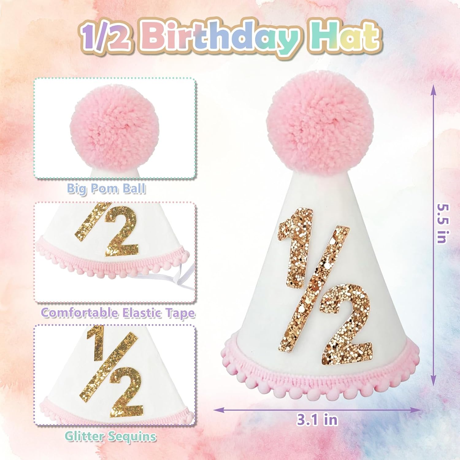 Macaron 1/2 Birthday Girl Half Birthday Decorations, Half Way To One High Chair Banner With Cone Hat Cake Topper Decorations, 1/2 Birthday Hat for Boys and Girls 6 Months Birthday Party Decorations