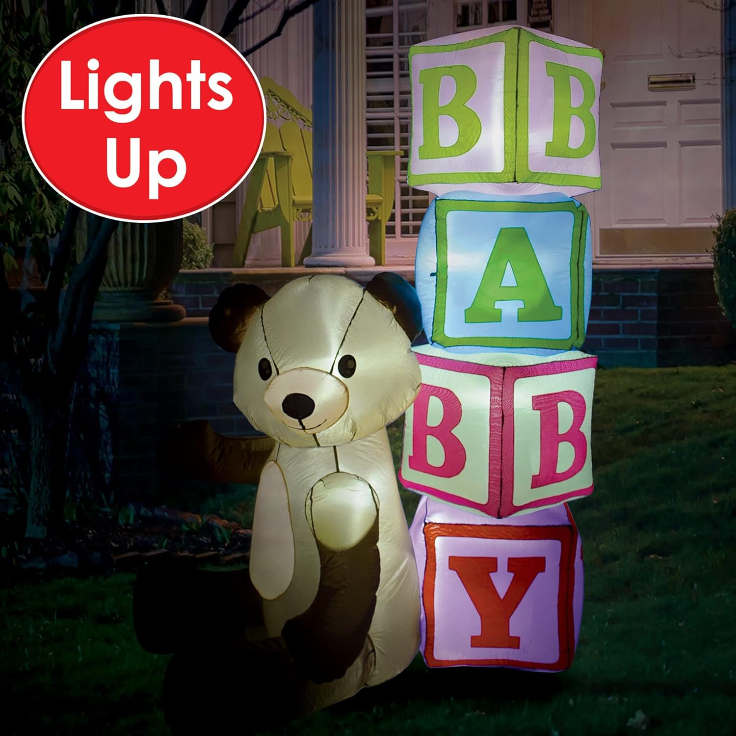Beistle 6 FT Light-Up Jumbo Inflatable Bear & Blocks Baby Shower Decoration for Yard with LED Lights Blow Up Lawn Decor, Indoor/Outdoor Use
