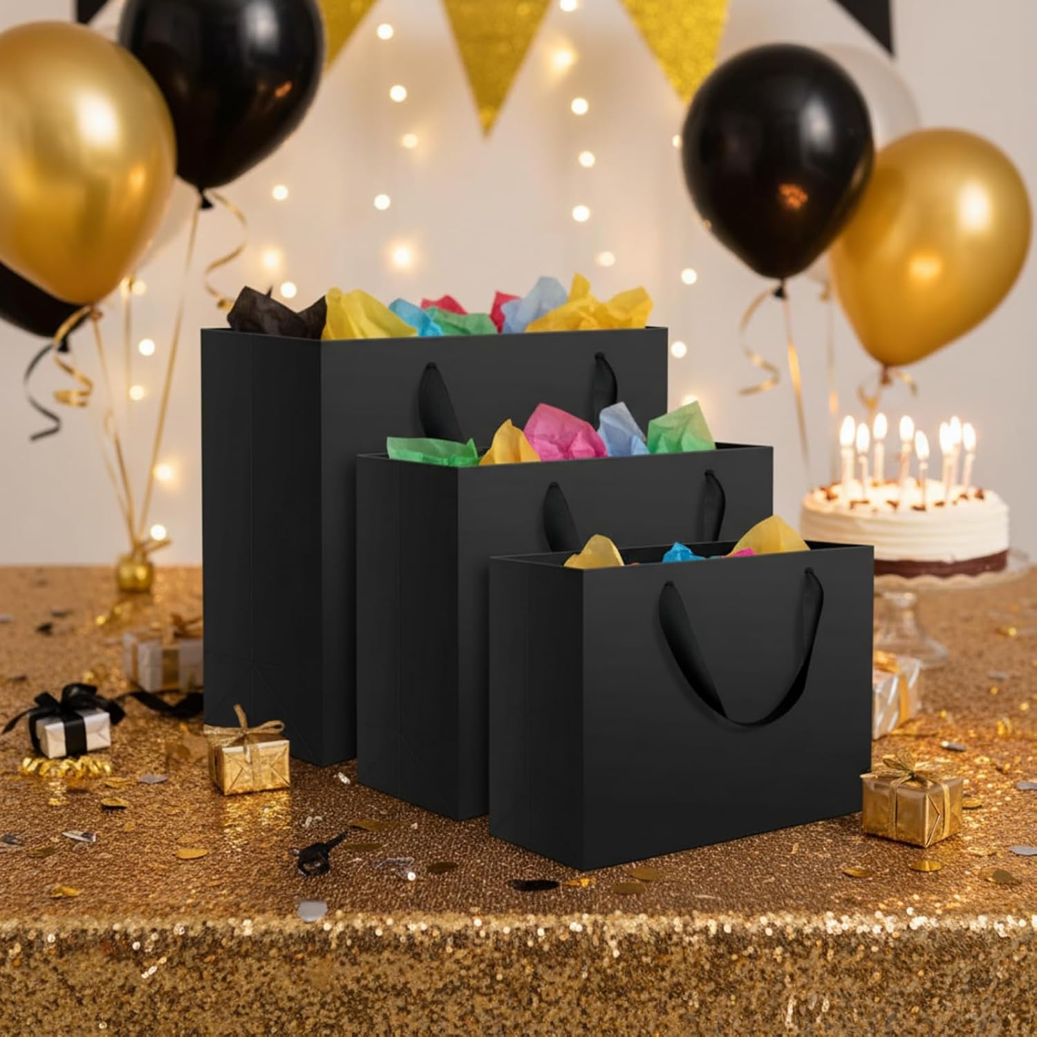 Lincia 60 Pcs Black Paper Bags with Handles, Assorted Sizes Large 11", Medium 8", Small 7" Black Gift Bags Bulk for Retail, Party, Birthday, Gift, Shopping, Business, Merchandise - Image 5