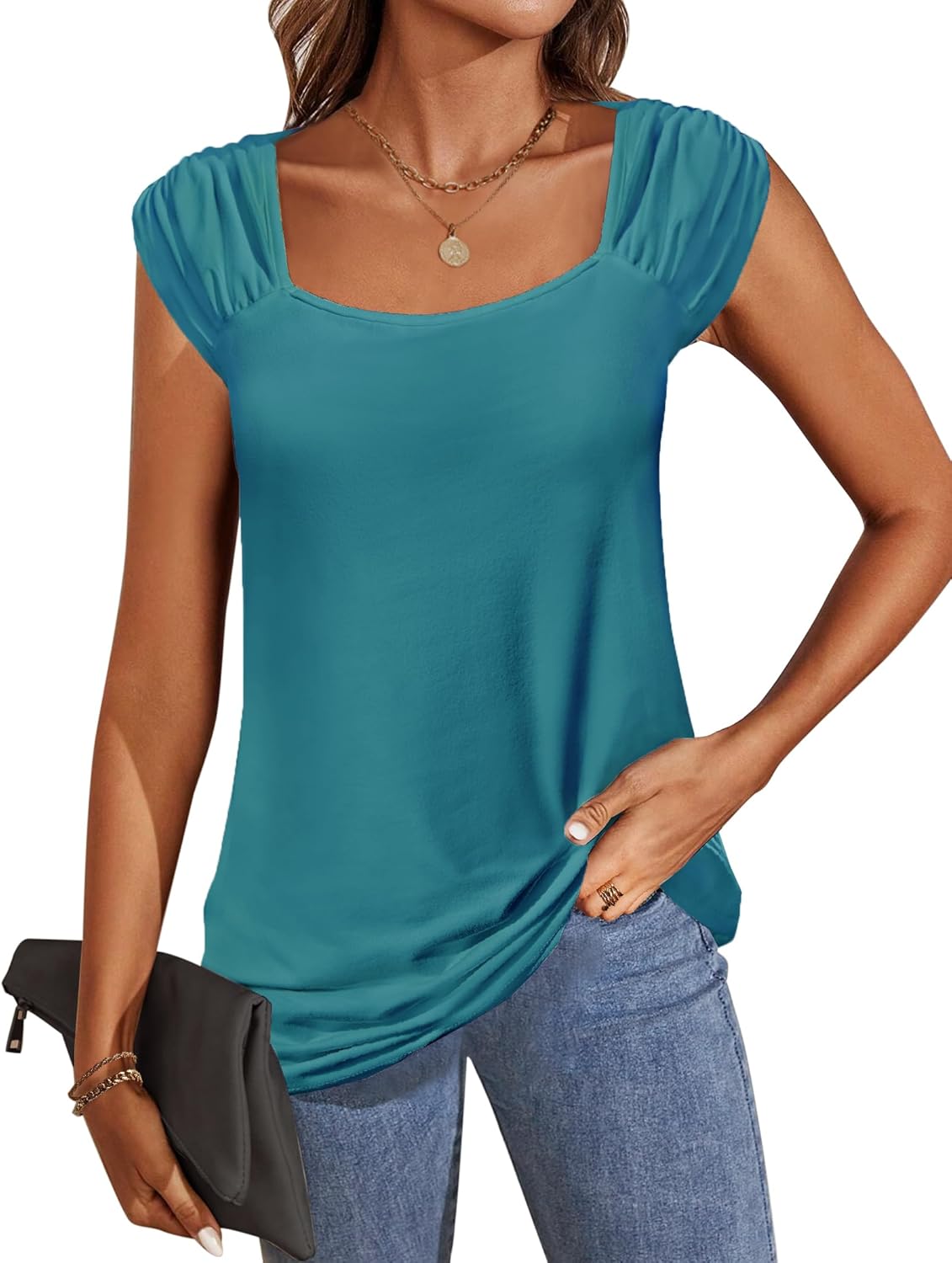 Zeagoo Women Summer Tops Cute Square Neck Tank Tops Loose Dressy Casual Shirts Cap Sleeve Tunic Tops - Image 8