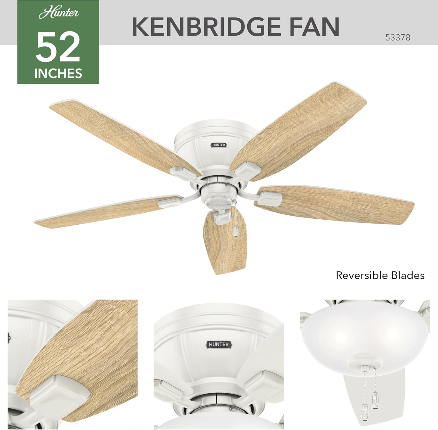 Hunter 52 inch Indoor Ceiling Fan with LED Light - White Ceiling Fan with Pull Chain, For Bedroom, Living Room, or Kitchen, Low Profile Mount, No Remote, 5 Blades - Kenbridge 53378, Fresh White