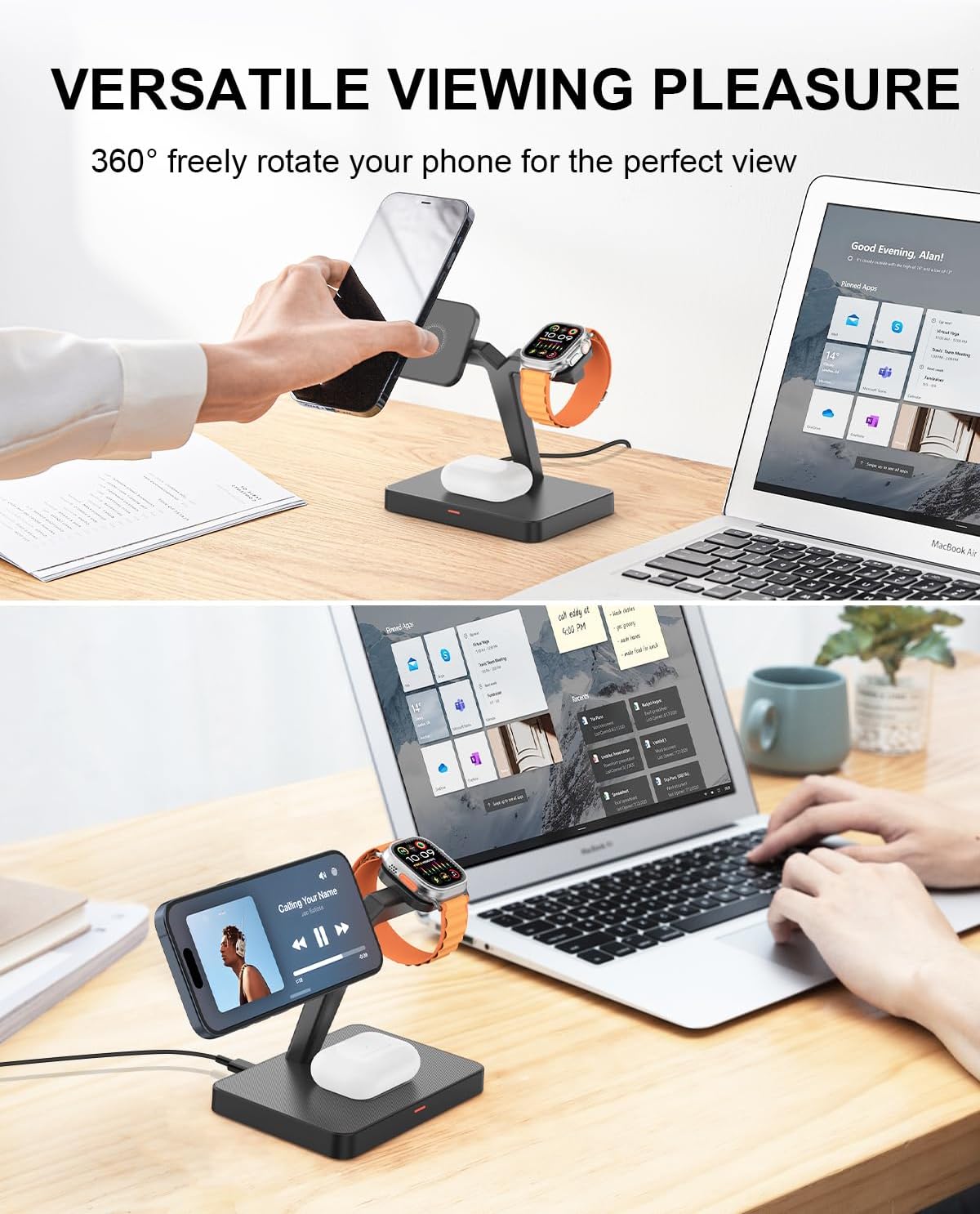 GEEKERA Magnetic 3 in 1 Wireless Charging Station, Fast Wireless Charger Stand Dock, Wireless Charger for iPhone 16/15/14/13/12 Pro Max, Apple Watch 10/9/8/7/6/SE/5/4/3/2, AirPods 4/3/2/Pro