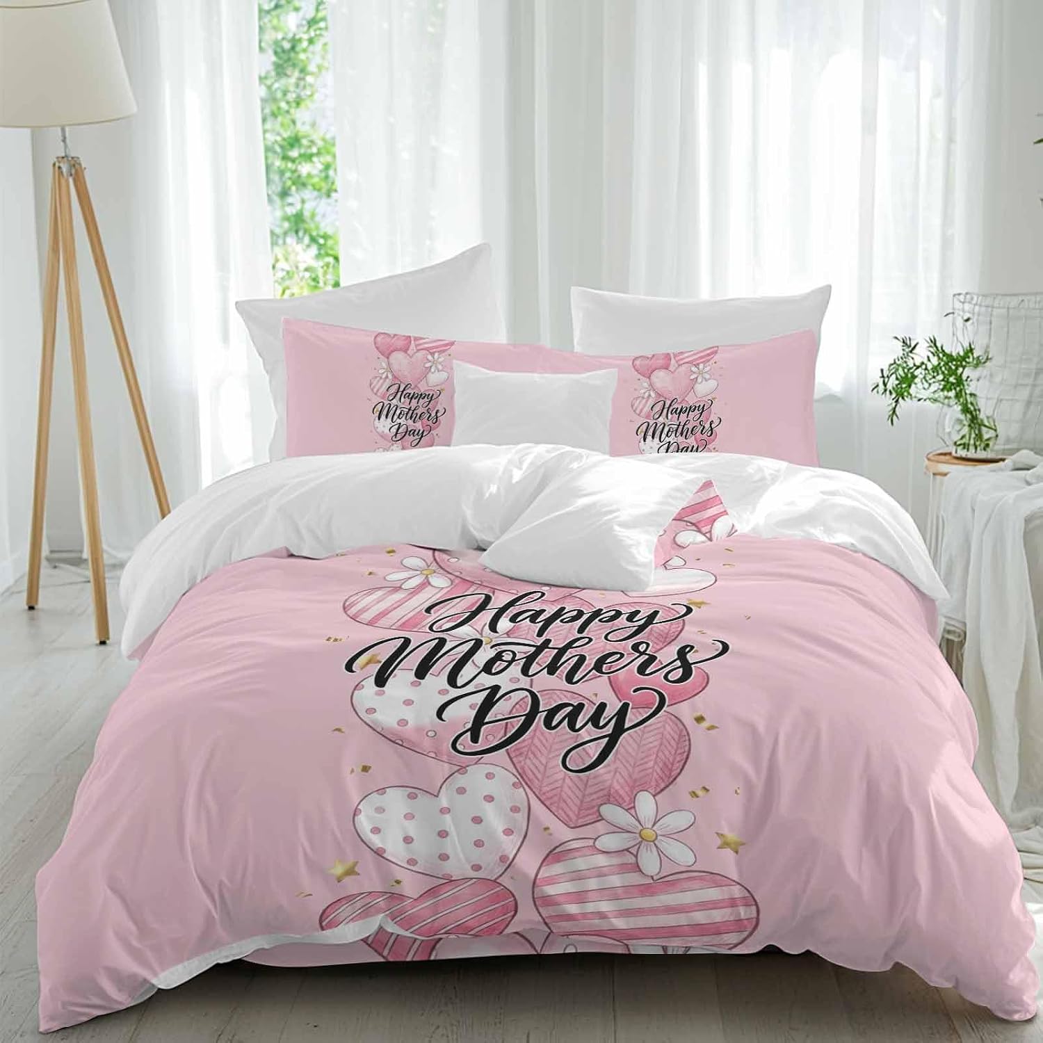 Duvet Cover Cal. King Size - 4 Pieces Bedding Set, Happy Mother's Day Bedding Comforter Covers Zipper Closure, 1 Duvet Covers 1 Fitted Sheet 2 Pillow Shams Pink Romantic Love Heart Flowers