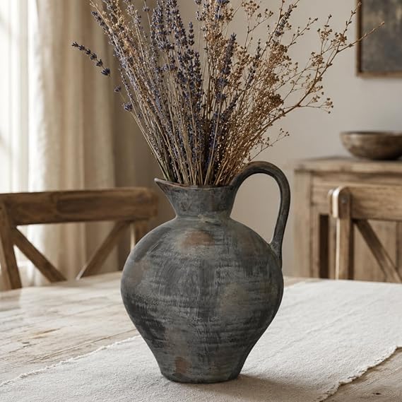 Rustic Ceramic Brown Vase with Handle,Antique 8.9 Inches Terracotta Vase for Home Decor,Living Room, Entryway,Farmhouse,Wedding and Thanksgiving Gift